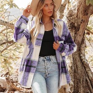 Purple Plaid Button-Up Shirt Jacket